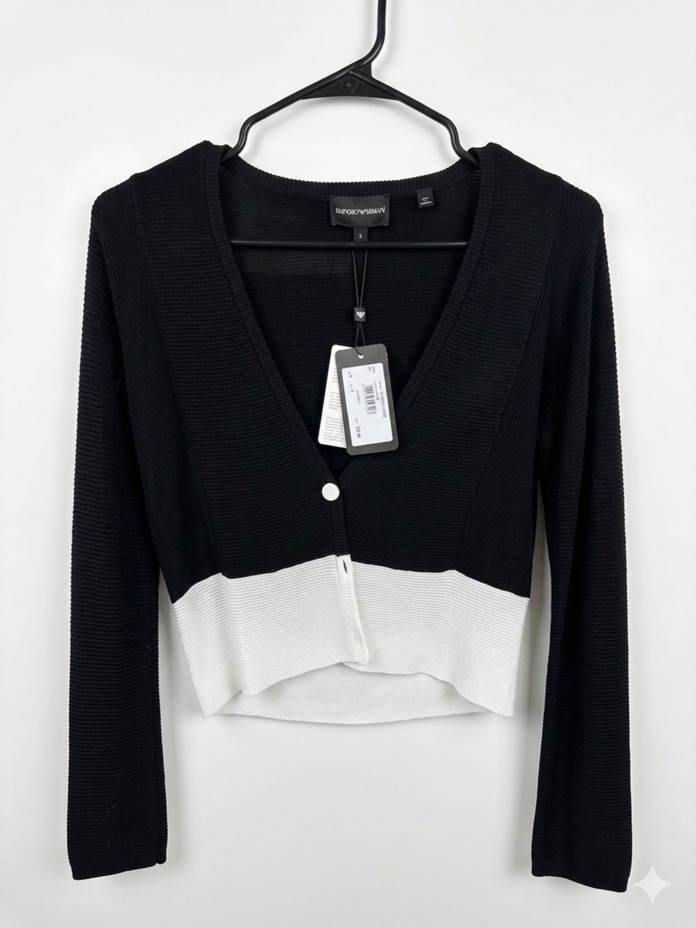 Armani Exchange Black and White Cropped V-Neck Cardigan